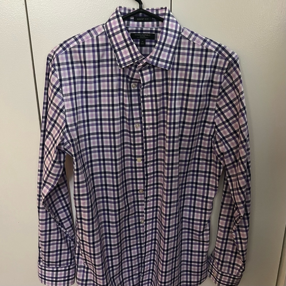 Banana Republic Grant Fit Long Sleeve Button-Up Check Purple White Size Medium